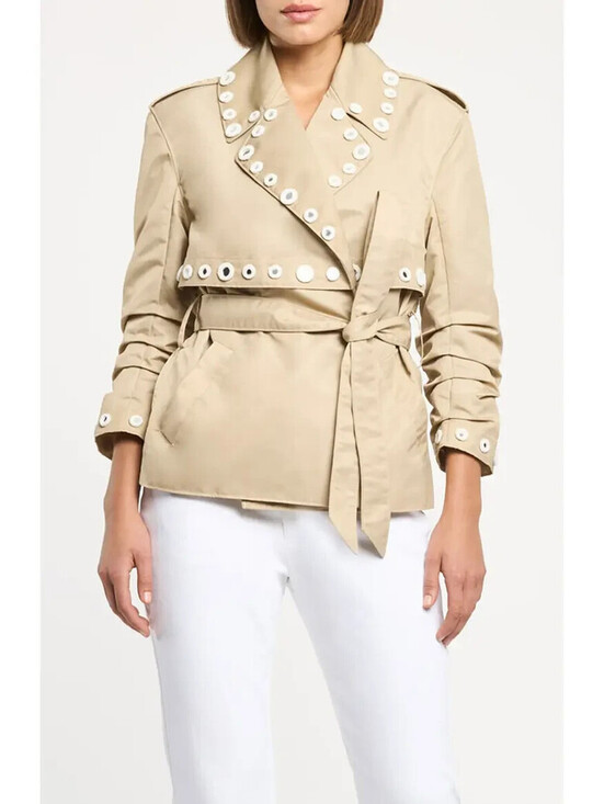 Jackets & Blazers - NEW, Cinq a Sept Crochet Mirrors Short Yates Trench in Khaki Ivory Sz XS #SJ2510